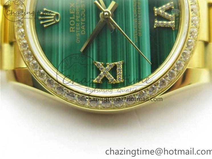 MiroTime 0408 Versatile Daydate 278288 31mm YG EWF Best Edition Green Malachite Dial Crystal Markers on YG President Bracelet ETA 2606